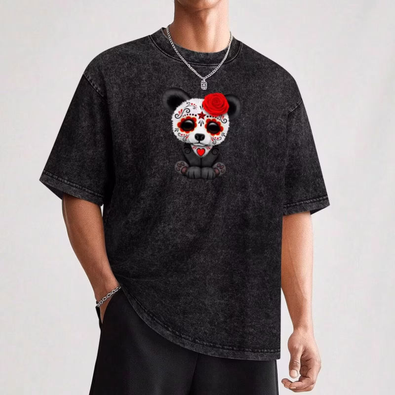 Red Day of the Dead Sugar Skull Panda on Yellow T-Shirt Vintage men's clothing, oversized, men's t-shirts