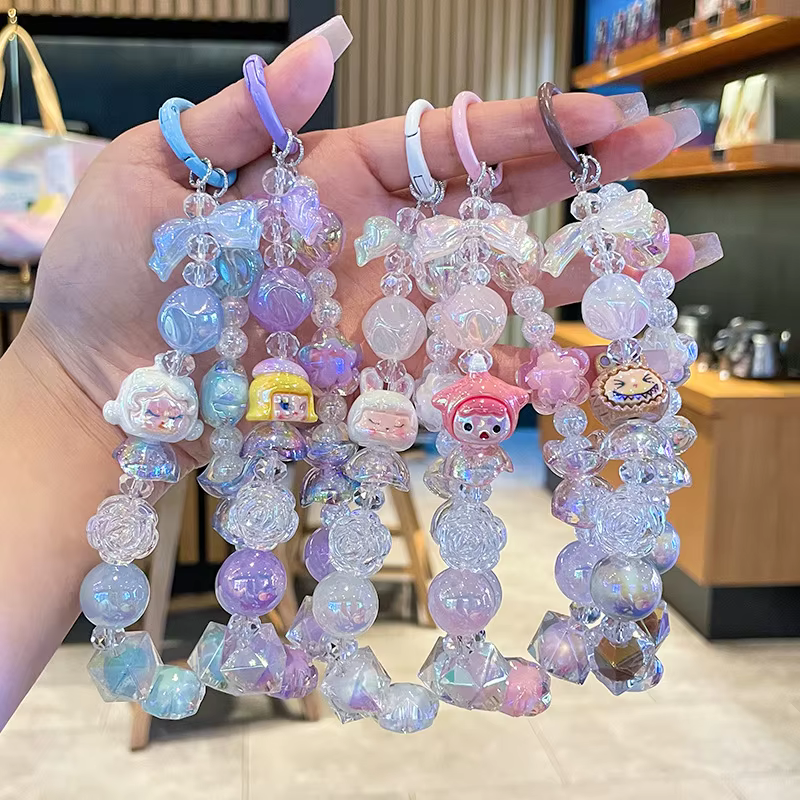 Kawaii Skullpanda Keychain Set with Card Case, Mini Camera Charm, Ribbon Straps, and Anti-Loss Lanyard