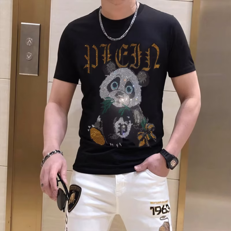 Summertime Fashionable Round-Neck Tops: Men's Heavy Duty Cotton T-Shirt with Panda Print and Sparkling Rhinestones Men’s - Image 3