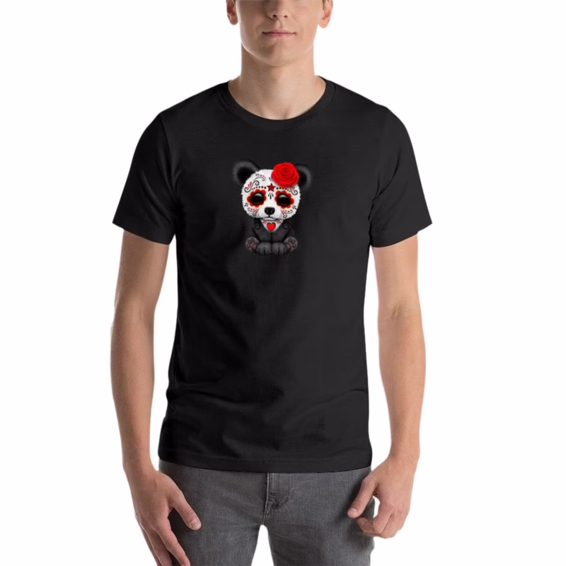 Large men’s casually stylish blouse t-shirts with a red sugar skull panda on a yellow t-shirt blank