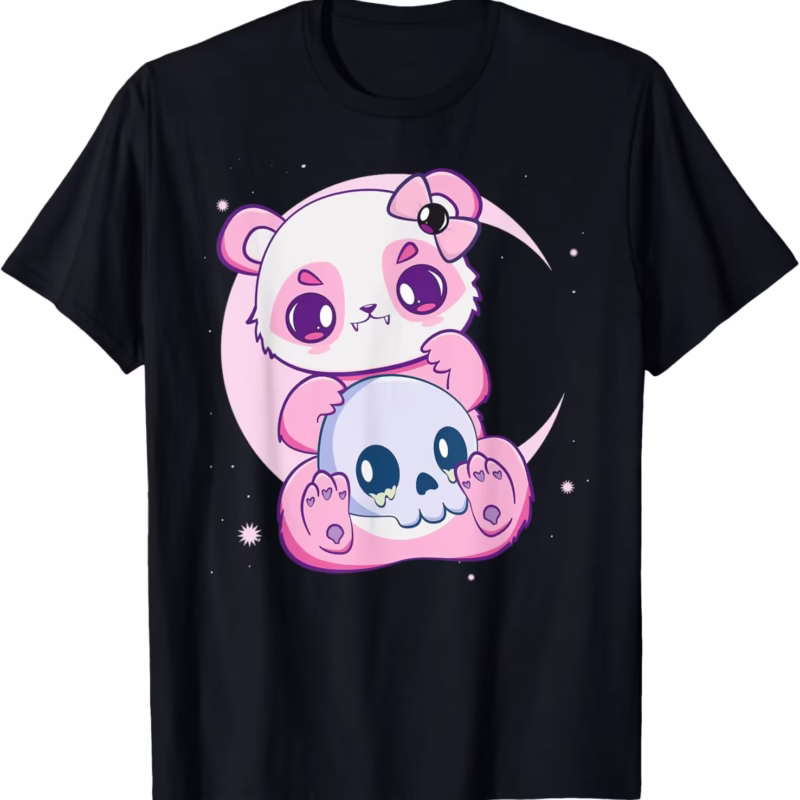 Adorable and Spooky Pastel Goth Panda and Skull Anime Manga T-Shirt