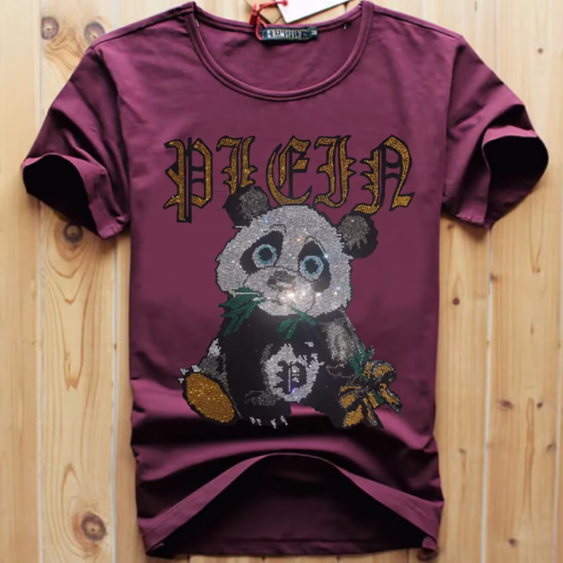 Summertime Fashionable Round-Neck Tops: Men's Heavy Duty Cotton T-Shirt with Panda Print and Sparkling Rhinestones Men’s - Image 4