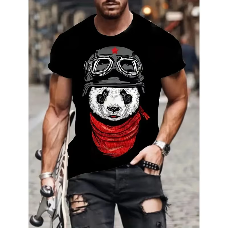 Loose Fit 3D Panda Skulls T-Shirts For Men Cool Summer Round Neck Short Sleeved Street T-Shirts With Skull and Panda 3D T-Shirt Printed Design