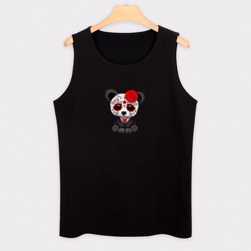 Red Day of the Dead Sugar Skull Panda on Yellow Tank Top sports vest, male top, anime top muscle t-shirt