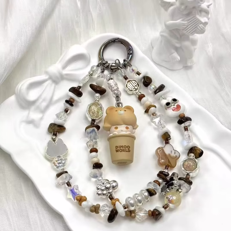Handcrafted Skullpanda Bean Kubo Dimoo Pucky Keychain with Twin Crystal Chains—Your Custom Kawaii Charm for Phone or Gift