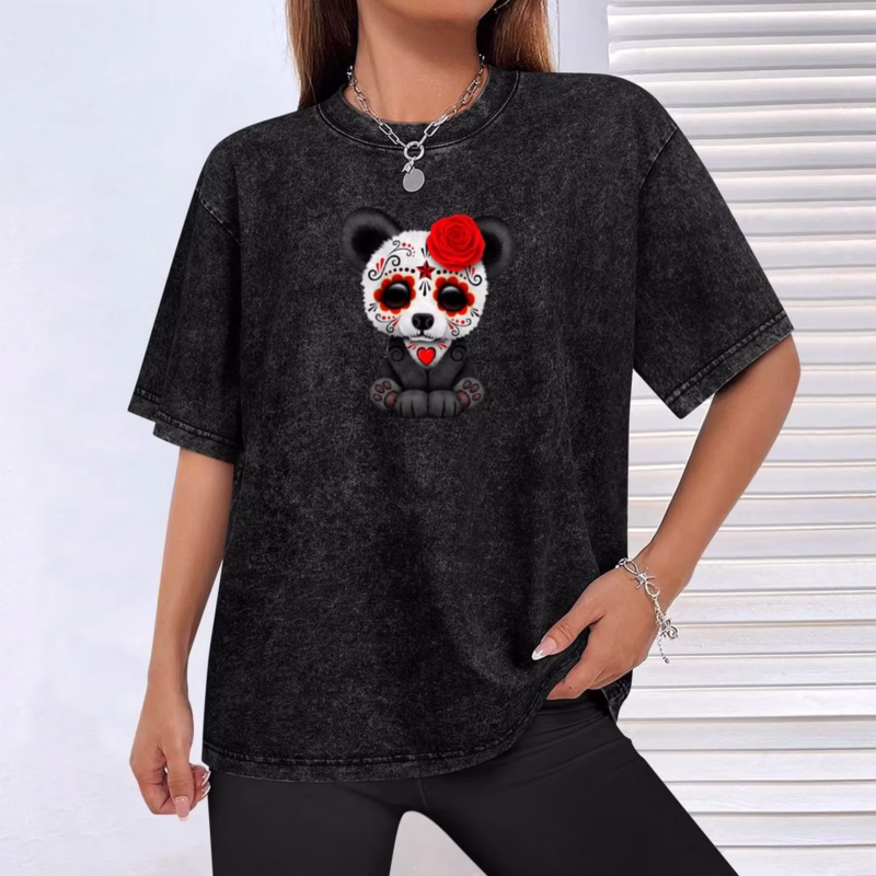 Red Day of the Dead Sugar Skull Panda on Yellow T-Shirt Vintage men's clothing, oversized, men's t-shirts - Image 2