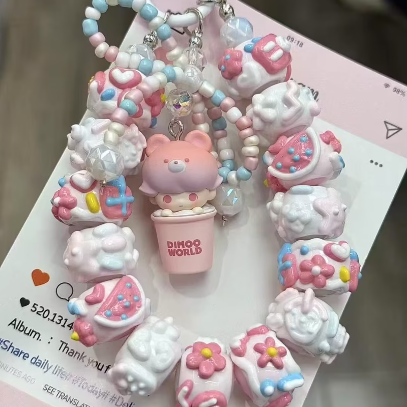 Kawaii Pink Crystal Keychain with Beaded Cute Beans—limited-edition SKULLPANDA & DIMOO Birthday Charm