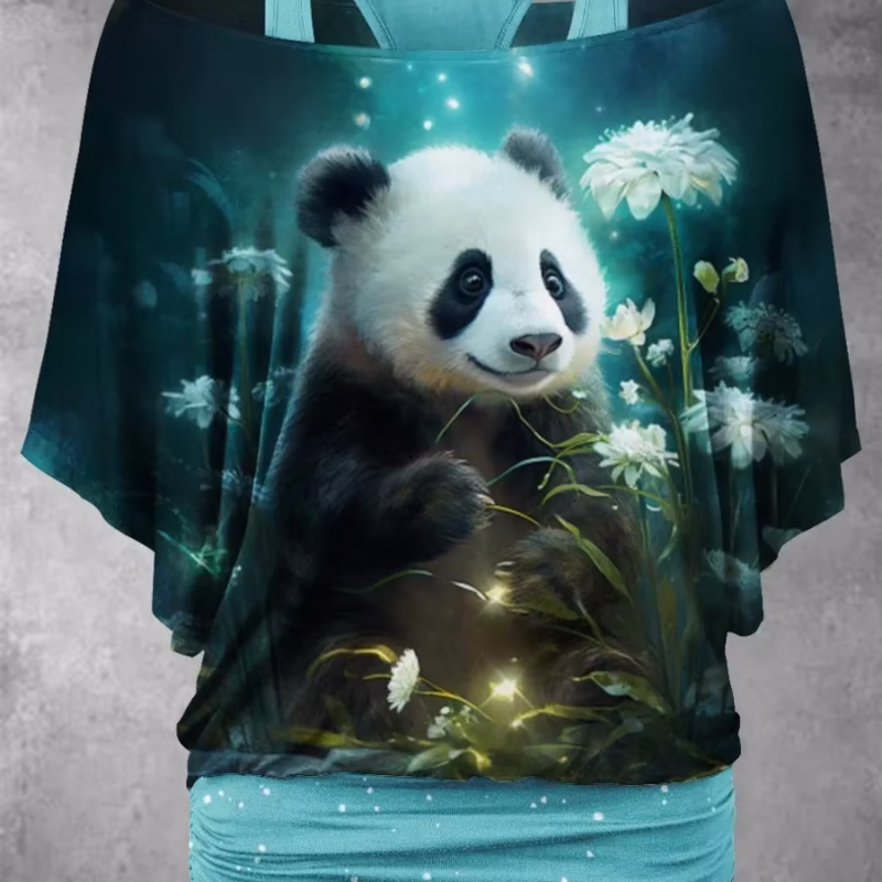 PLstar Cosmos Women’s Two-Piece Off-Shoulder Summer Casual T-Shirts comes with a 3D Panda Playing on a Swing, Art 3D Printed Fake