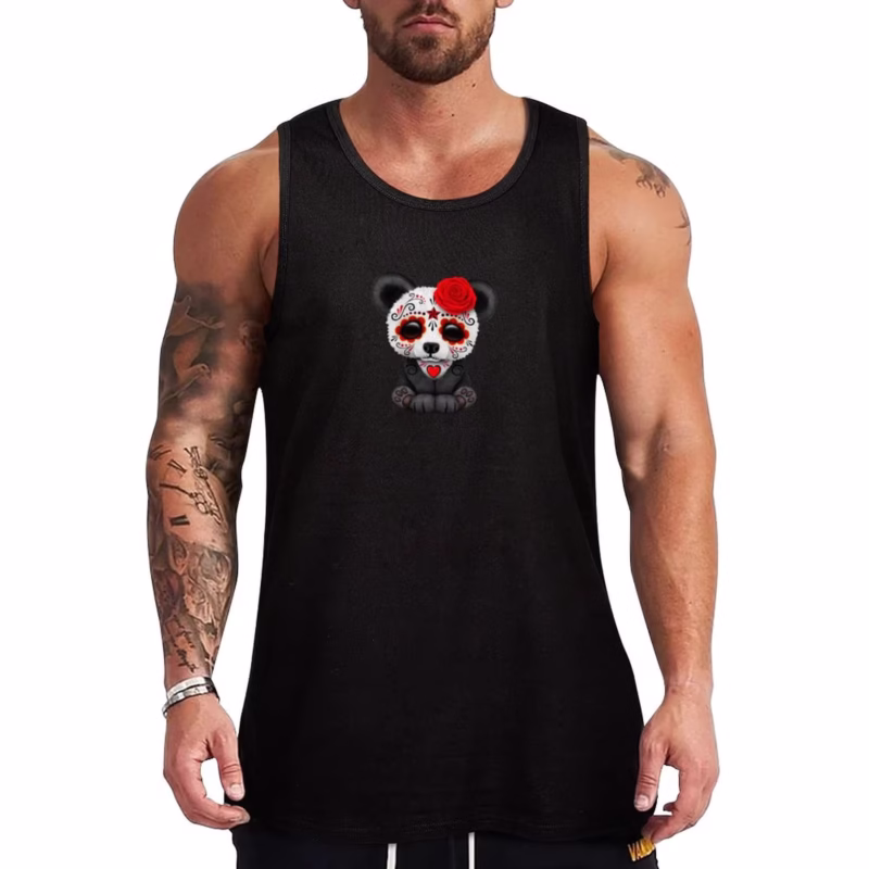 Red Day of the Dead Sugar Skull Panda on Yellow Tank Top sports vest, male top, anime top muscle t-shirt - Image 2