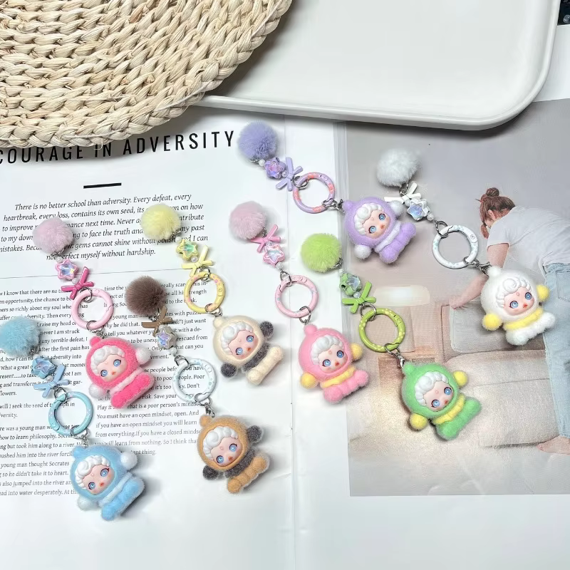 Adorable 3D Doll Particles Keychain, Bag with Cartoon Flocked Skullpanda Pendant for Phones and FUN
