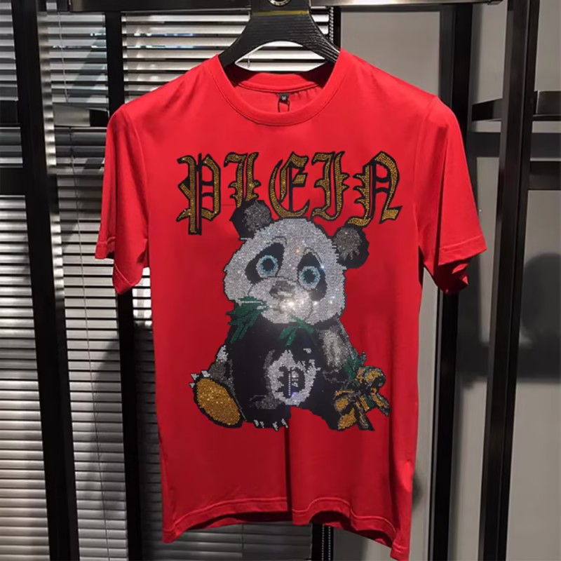 Summertime Fashionable Round-Neck Tops: Men's Heavy Duty Cotton T-Shirt with Panda Print and Sparkling Rhinestones Men’s